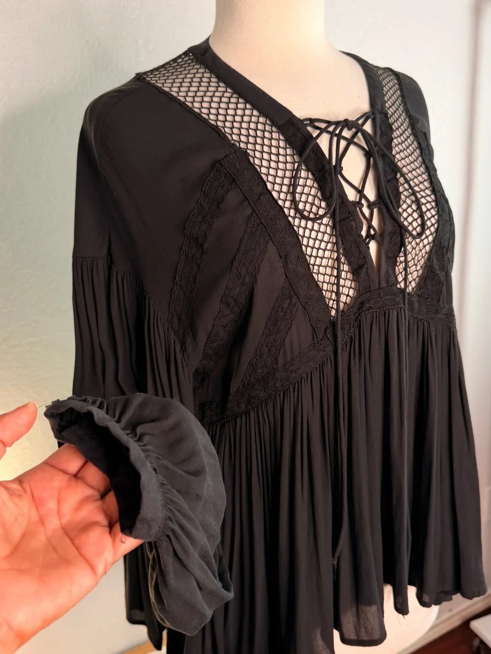 Free People Black Lace-Up Mesh Inset Peasant Blouse